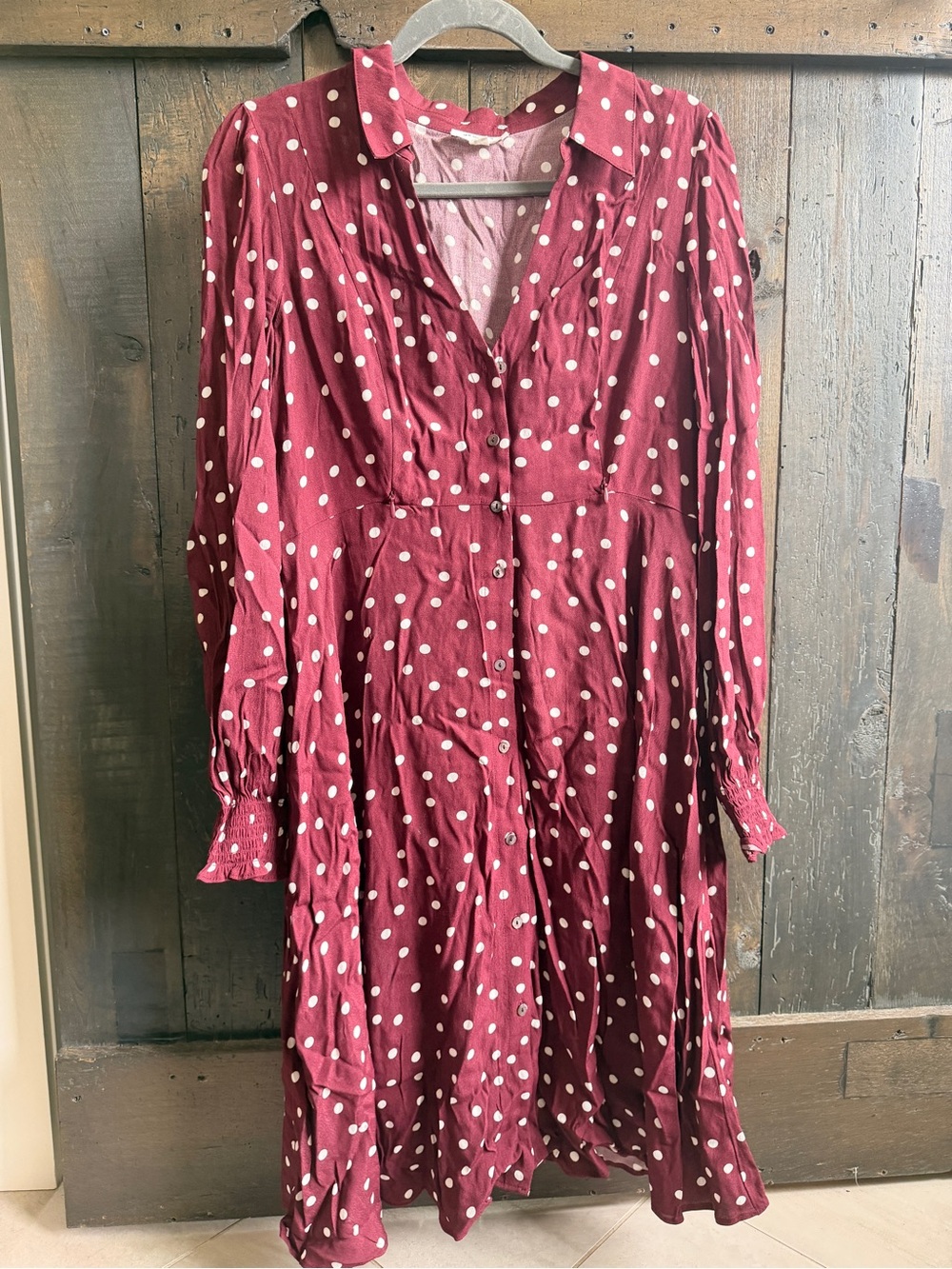 Seraphine Burgundy Polka Dot Long Sleeve Midi Dress